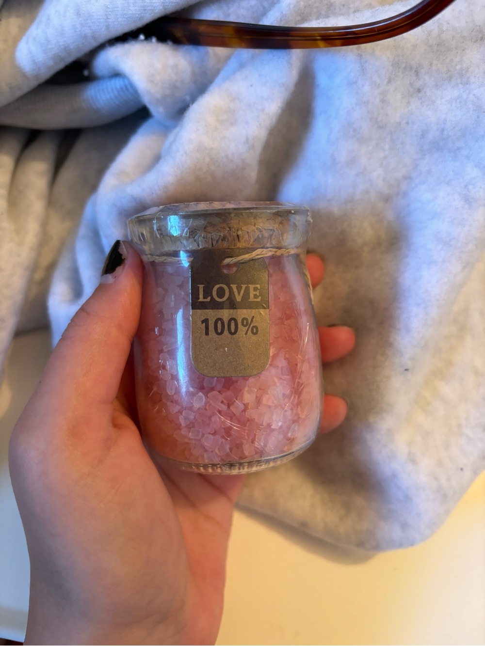 Amazon Pink Bath Salts in Clear Jar with 'LOVE 100%' Tag